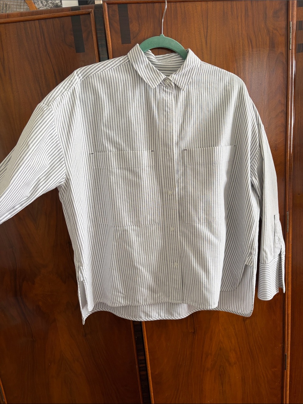 Everlane women's Pinstripe Button-Down Shirt in White and Gray